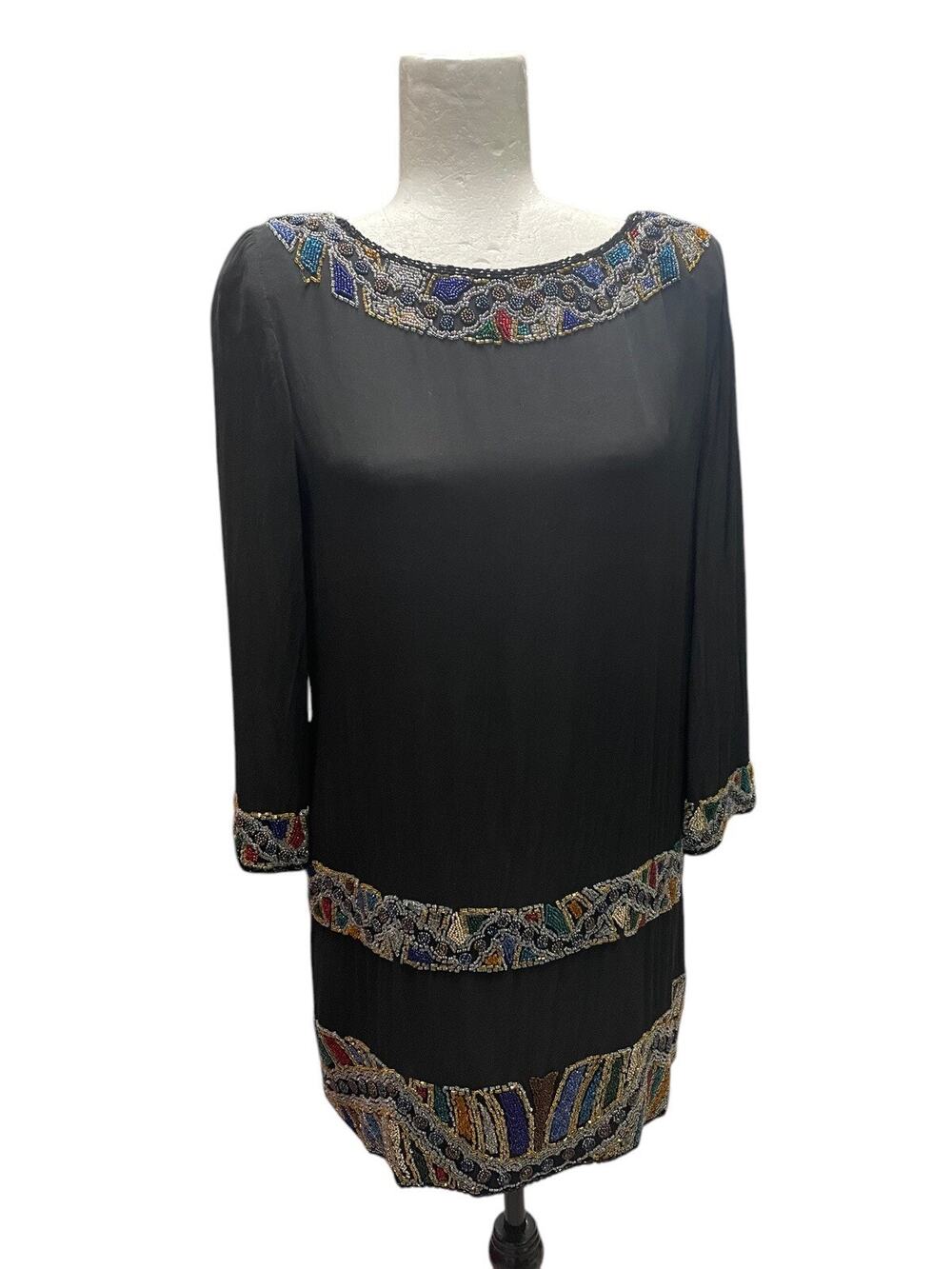 VTG Black Tie Oleg Cassini Embellished Beaded Shift Mini Dress 3/4 Sleeves Sz Sm